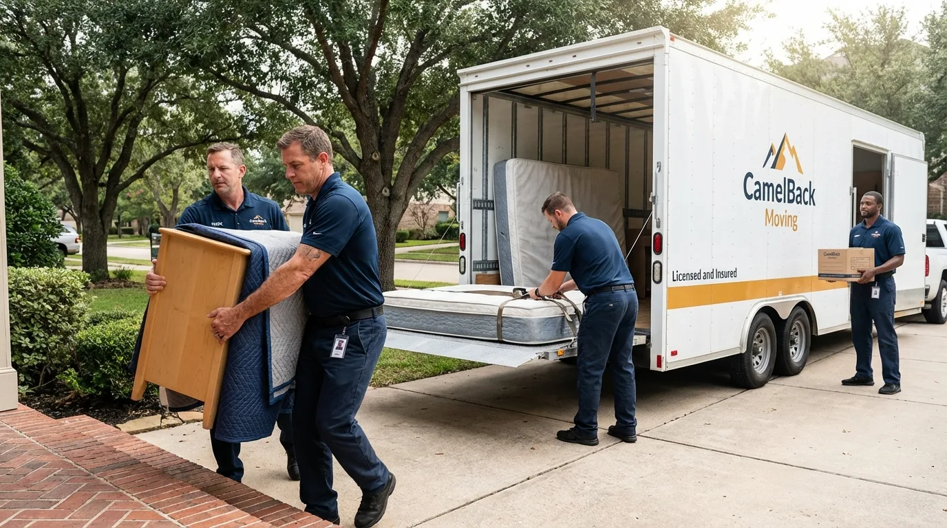 Crew loading residential truck for cross-state move from Maryville, IL