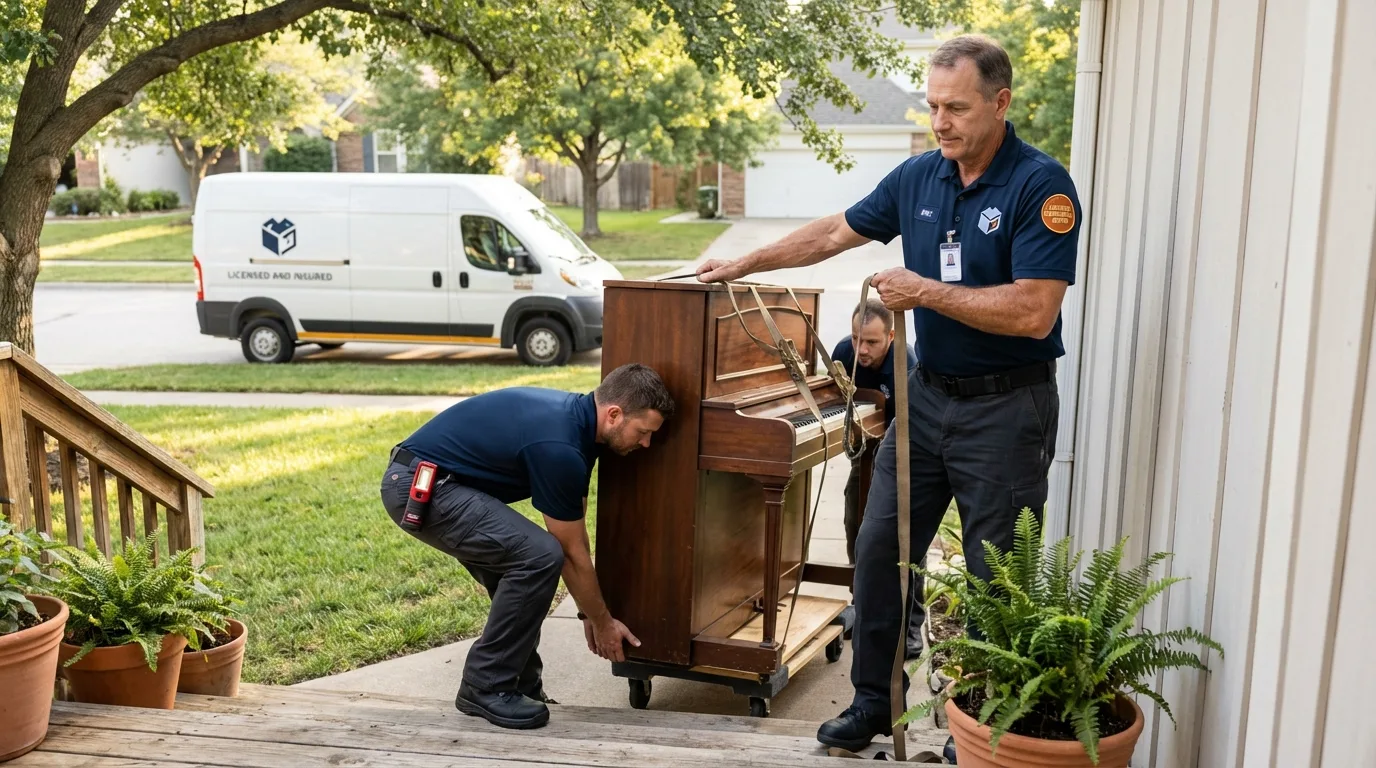 Licensed piano movers securing grand piano in Maryville, IL