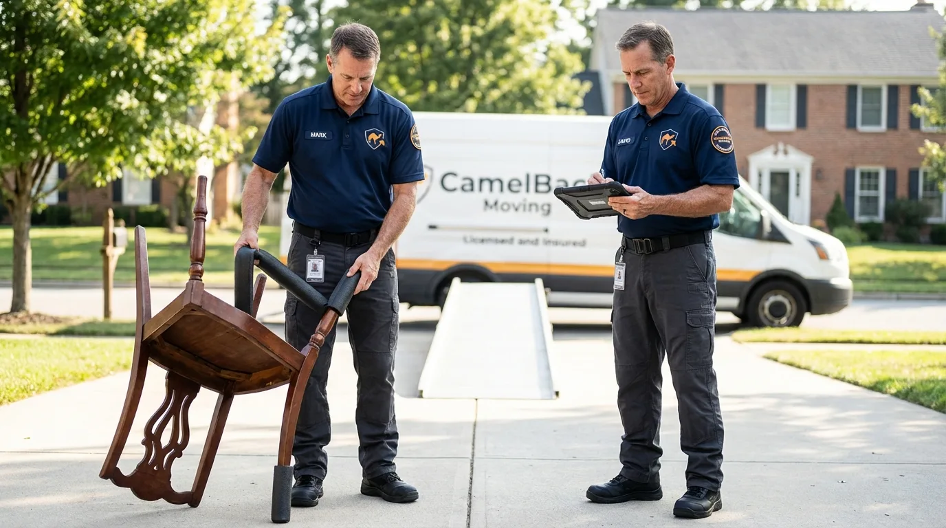 Movers inspecting furniture for damage prevention before loading in Maryville, IL