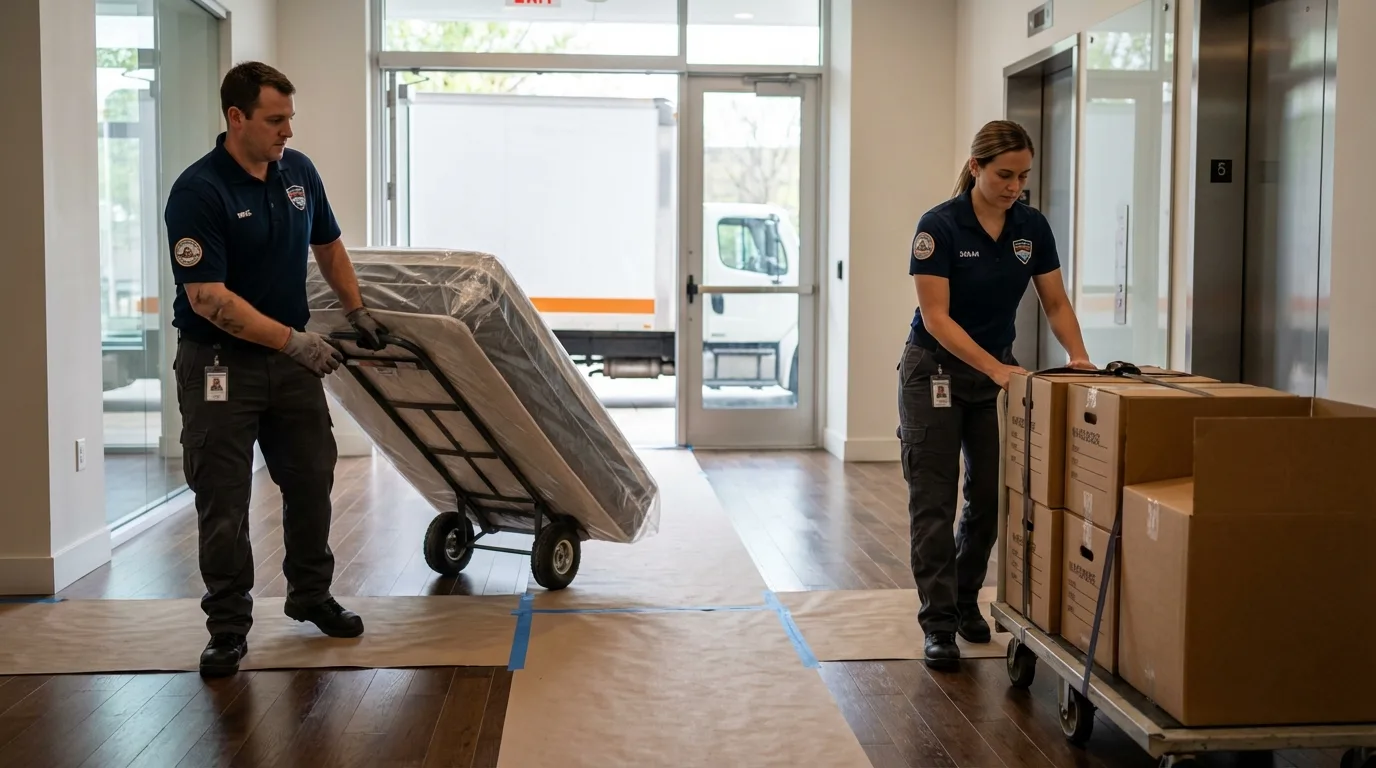 Professional apartment movers loading elevator in Maryville, IL